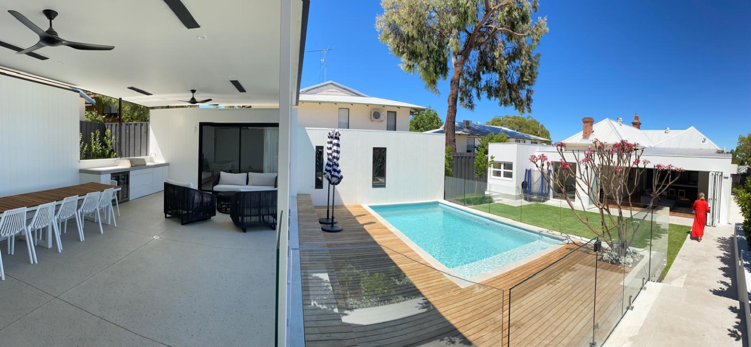 Outdoor lounge overlooking pool